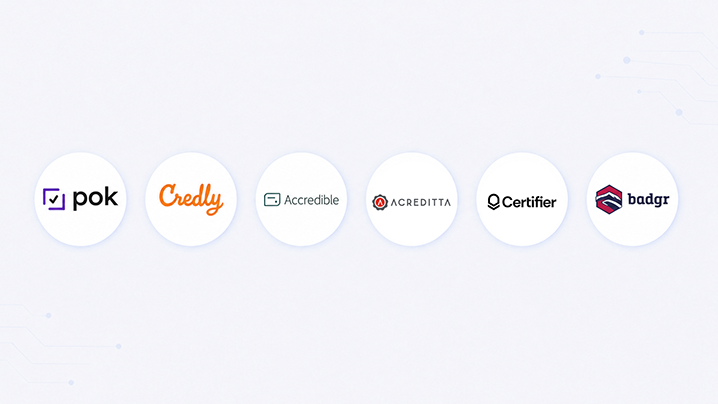 Logos of the 6 digital credential platforms compared in this 2026 guide: POK, Credly, Accredible, Acreditta, Certifier and Badgr