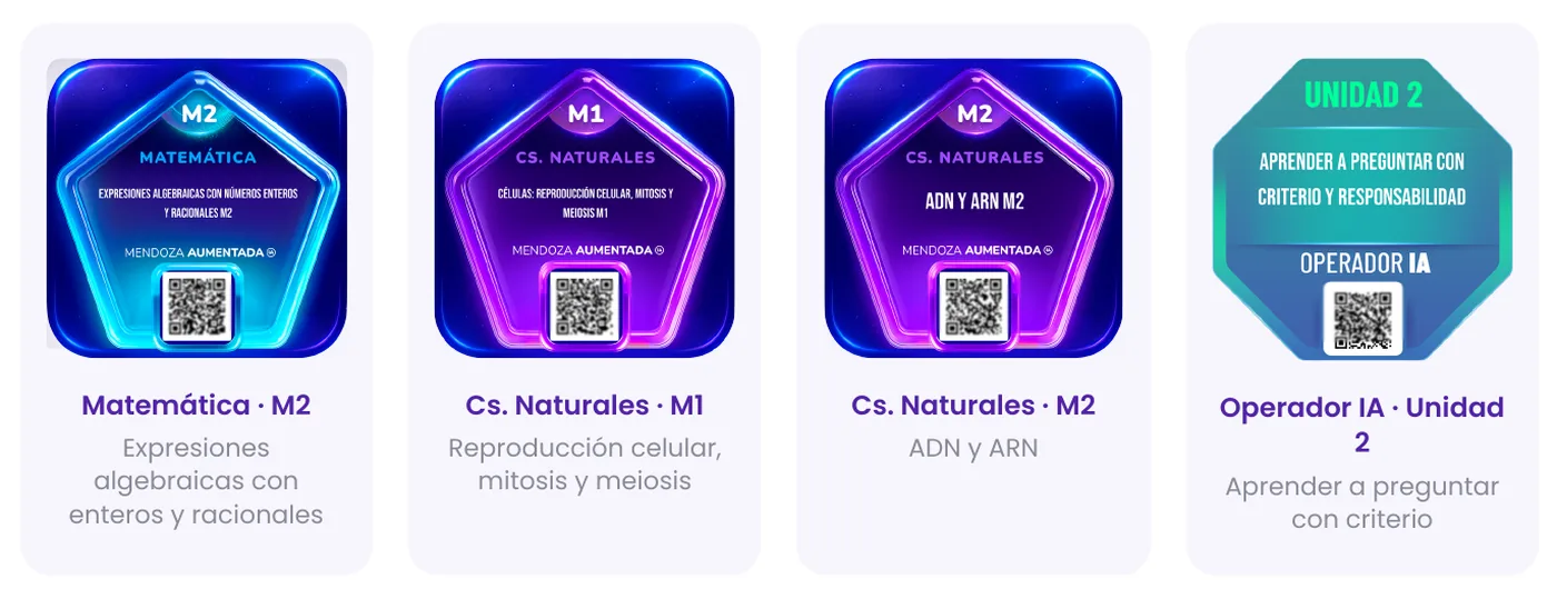 Verifiable digital badges issued by FlexFlix with POK: credentials for Mathematics M2, Natural Sciences M1 and M2 from the Mendoza Aumentada program, and a Unit 2 badge from the Operador IA program, each with its verification QR code
