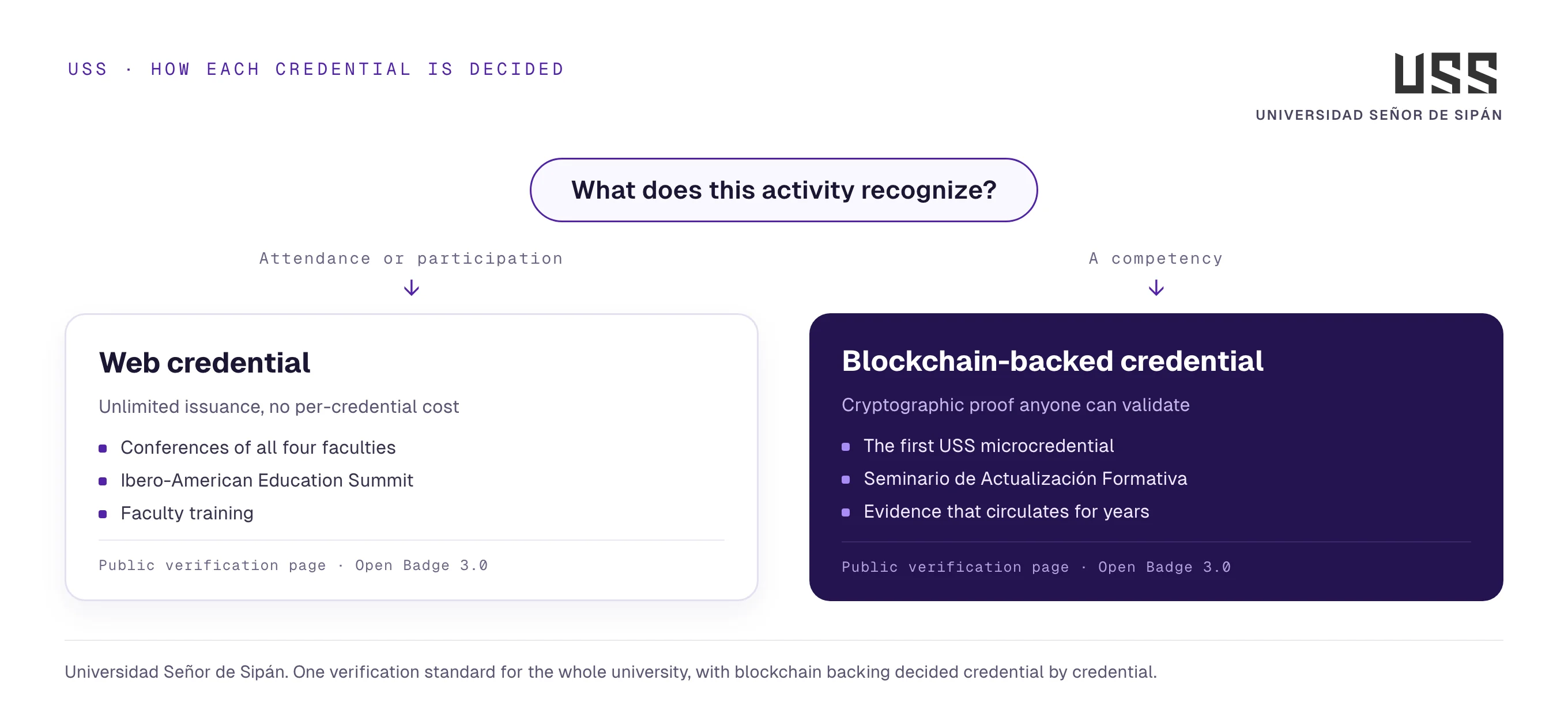 Decision diagram: how Universidad Señor de Sipán chooses between an unlimited web credential and a blockchain-backed credential depending on the type of academic activity