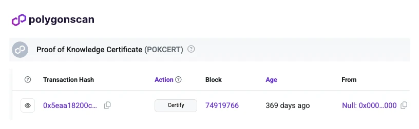 A POK credential recorded on the PolygonScan blockchain explorer